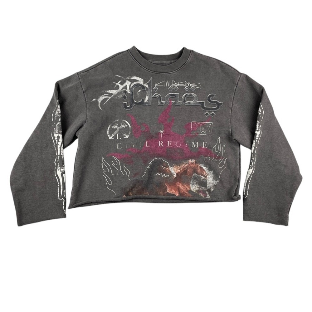 Civil Regime Sweater Women's Medium Gray Chaos Cropped Distressed Pullover EUC